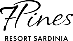 Ein schwarz-weißes Logo von 7Pines Resort Sardinia