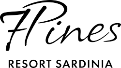 Logo von 7Pines Resort Sardinia mit Schriftzug 'Fines, RESORT SARDINIA' in Kalligraphie auf Schwarz-Weiß-Hintergrund