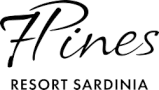 Logo von 7Pines Resort Sardinia mit Schriftzug 'Fines, RESORT SARDINIA' in Kalligraphie auf Schwarz-Weiß-Hintergrund