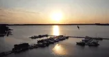 Vogel fliegt bei Sonnenuntergang über den Bootssteg des Maremüritz Yachthafen Resorts