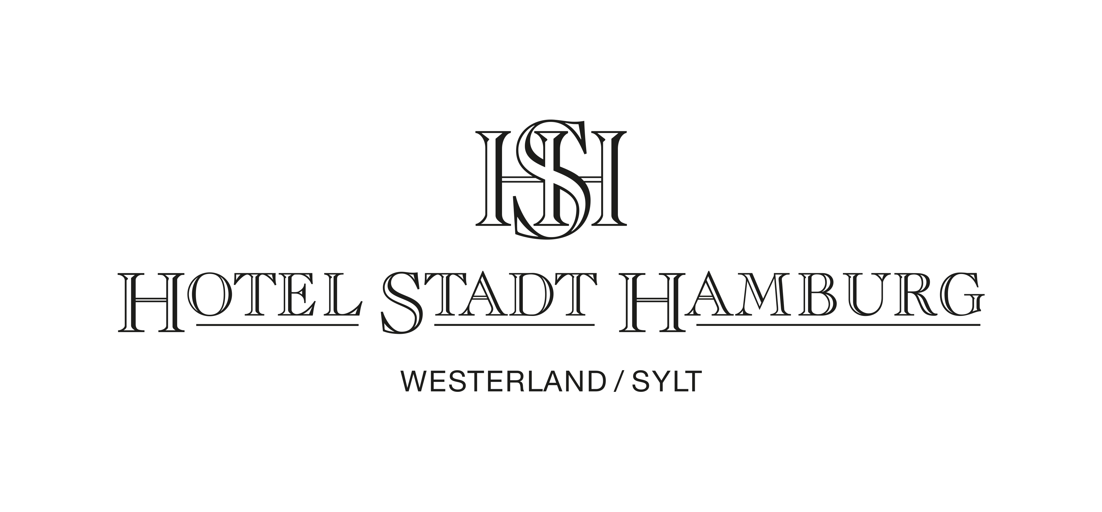 Monochromatic logo of Hotel Stadt Hamburg reflecting luxury and tradition, surrounded by text, inclu
