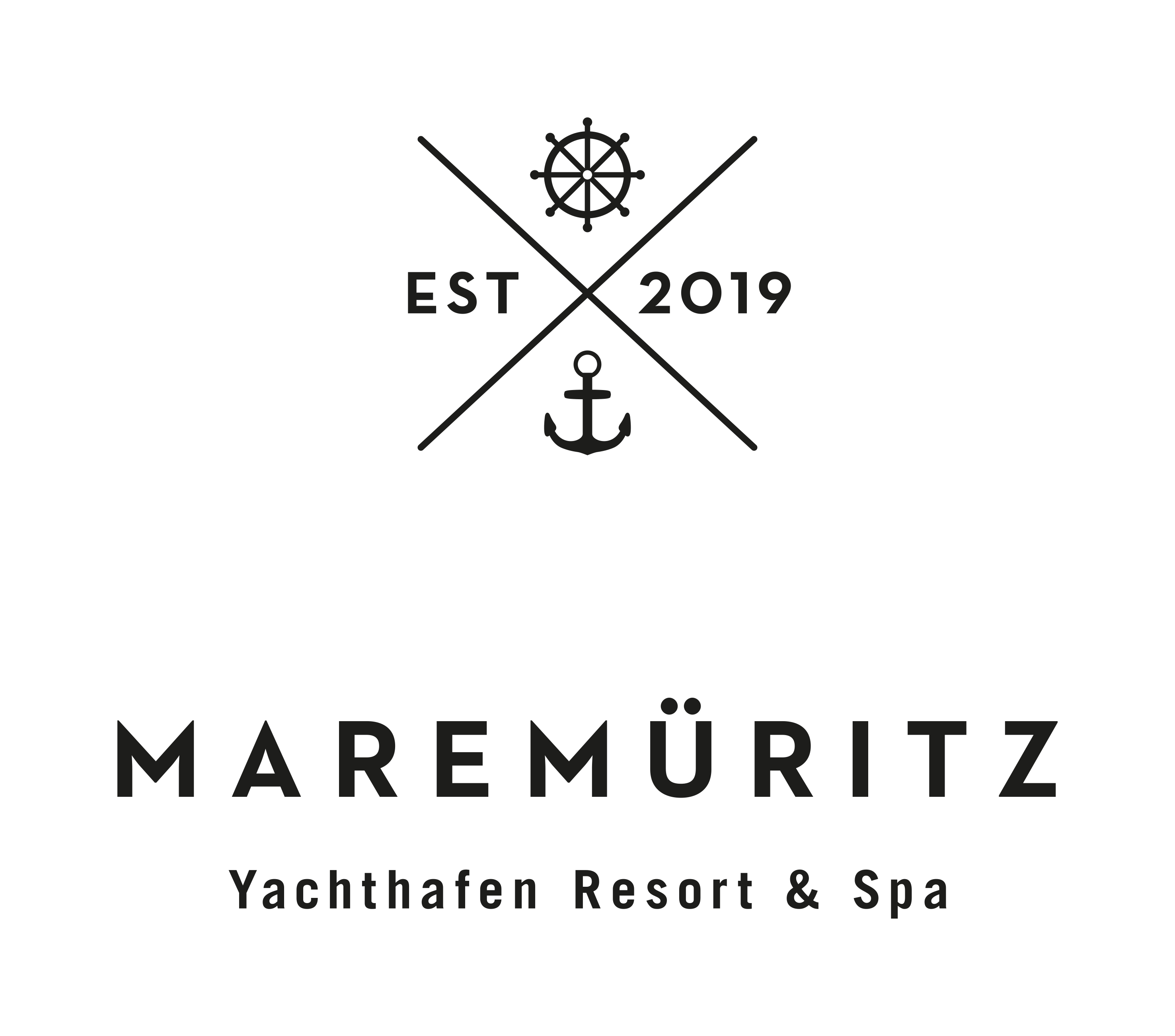 Das Bild zeigt das schwarz-weiße Logo des MAREMÜRITZ Yachthafen Resort & Spa im Land der 1.000 See